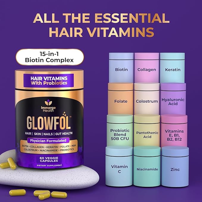 Biotin Collagen Supplement with Probiotics, Colostrum, Hyaluronic Acid and Keratin for Faster Hair Growth | Hair Skin Nails Vitamins For Women and Men | Biotin Hair Growth Supplement | 120 Capsules