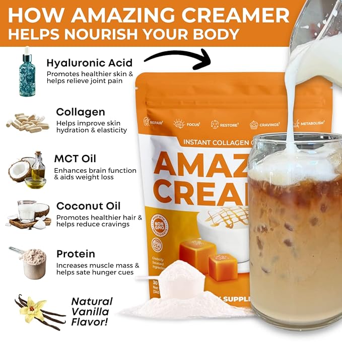 Superfoods Company Amazing Creamer with Collagen - Keto Creamer-Hyaluronic Acid & MCT Oil - Brain Boost & Curbs Cravings - Supports Healthy Skin & Hair - Diet-Friendly [30 Servings] [Salted Caramel]