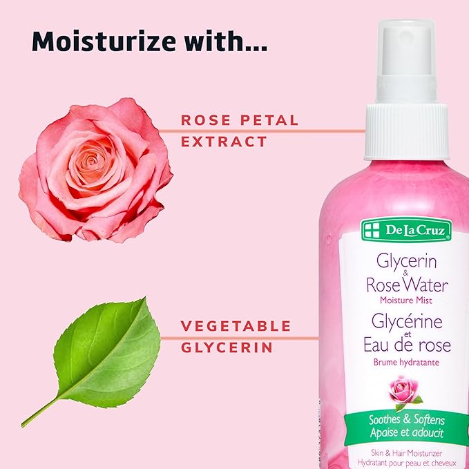 De La Cruz Rose Water and Glycerin Spray for Face - Rosewater Facial Toner and Moisturizer Mist for Skin and Hair 8 fl oz (236 mL)