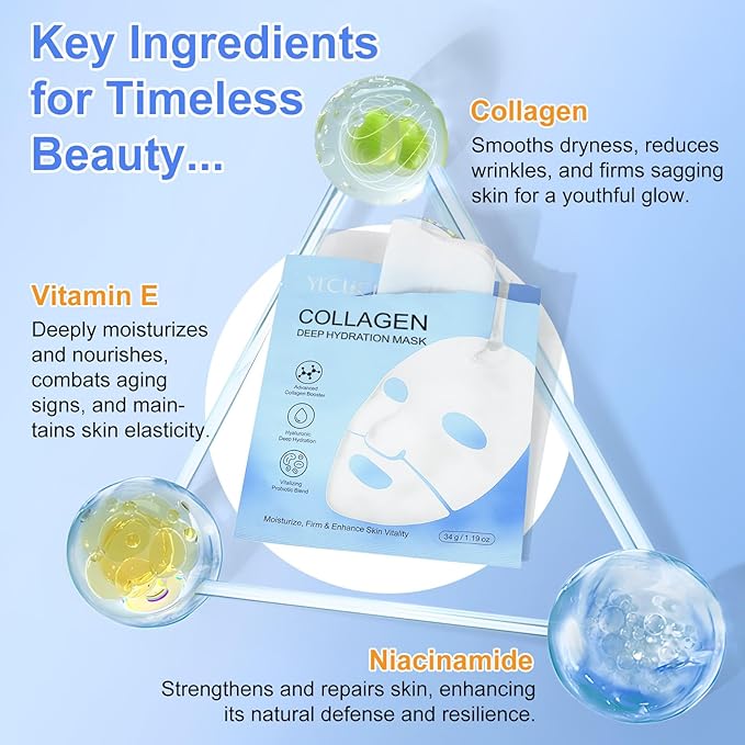 Collagen Face Mask 6 Pieces, Hydrating Overnight Hydrogel Mask, Deep Collagen Mask for Pore Minimizing and Elasticity Improvement