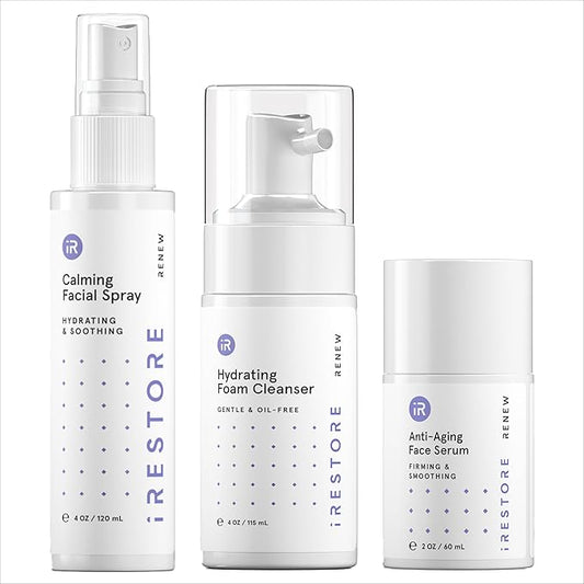 iRESTORE 3-Step Skincare Set Red Light Therapy Essentials Kit, Renew Trio Includes Hydrating Cleanser + Facial Spray + Anti-Aging Face Serum Works Best with iRESTORE Red Light Therapy Mask