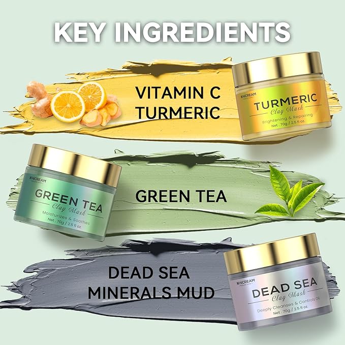 Turmeric Clay Mask, Green Tea, Dead Sea Minerals Mud Mask, Spa Facial Mask 3-Piece Set for Deep Cleansing, Moisturizing, and Refining Pores, Vegan & Cruelty-Free 2.5 oz each
