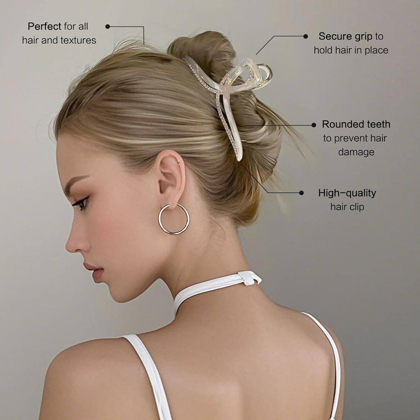 Large Metal Acetate Hair Claw Clips with Rhinestones, Gold Metal Hair Claw for Thick Hair, Strong Hold Non Slip Gold Hair Clips & Acetate Rhinestone for Women（Mermaid White）