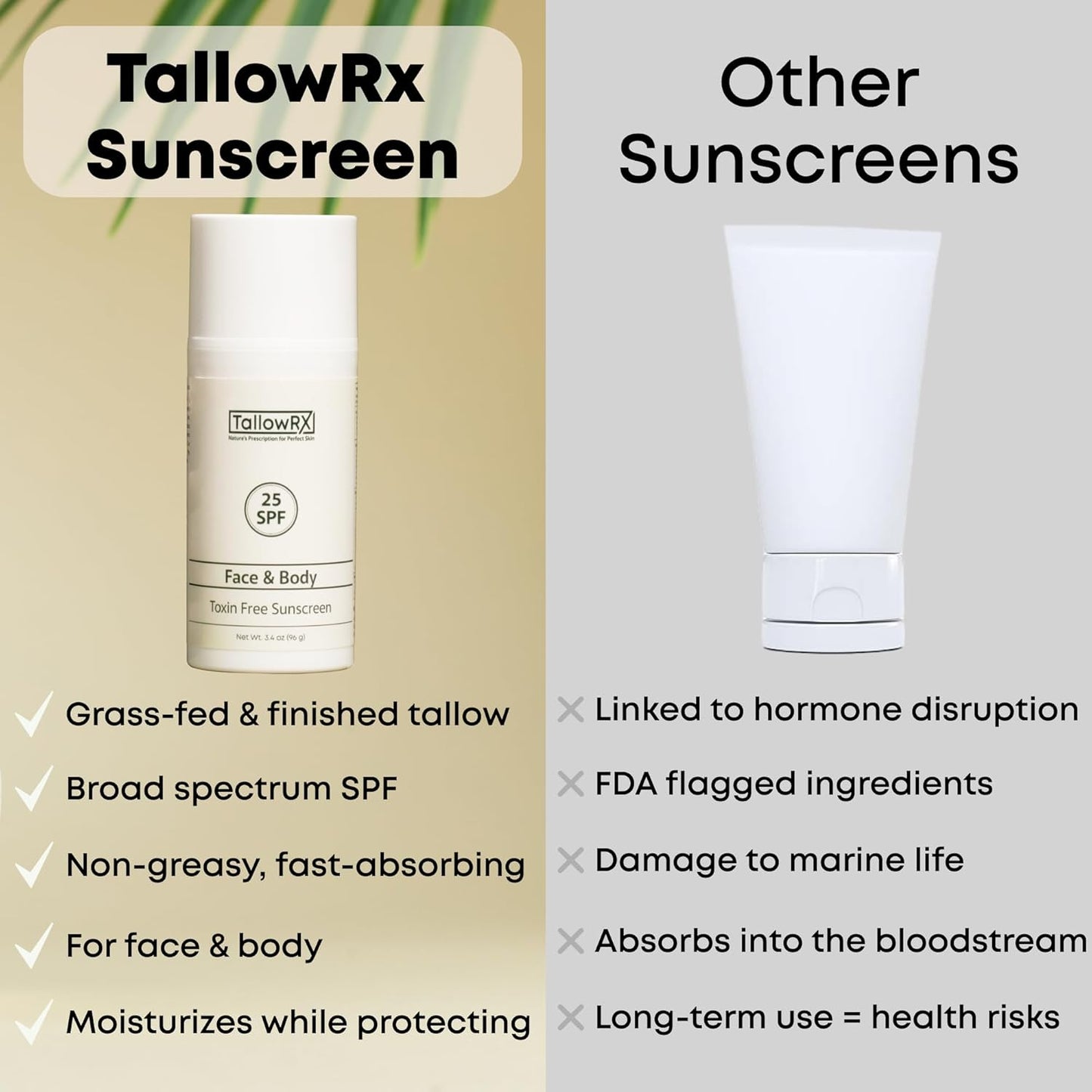 Tallow Sunscreen SPF 25 with Non Nano Zinc Oxide – Natural Mineral Sun Protection with Red Raspberry, Coconut Oil & Vit E – Reef Safe, Non Toxic & Moisturizing Sunblock for Face & Body – 3.4 oz