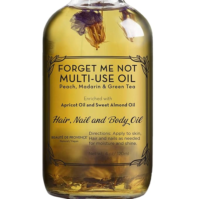 Multi-Use Oil for Face, Body and Hair - Forget Me Not - Organic Blend of Apricot, Vitamin E and Sweet Almond Oil Moisturizer for Dry Skin, Scalp and Nails - Peach, Mandarin and Green Tea - 4 Fl Oz