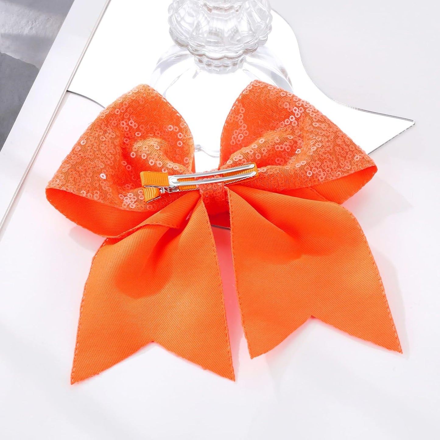 Large Glitter Cheer Bows Clips, Jumbo Big 7 Inch Cheerleading Sequin Hair Bow Hair Accessories for Teens Girls Football Sports Cheerleader Outfit Uniform (Orange)