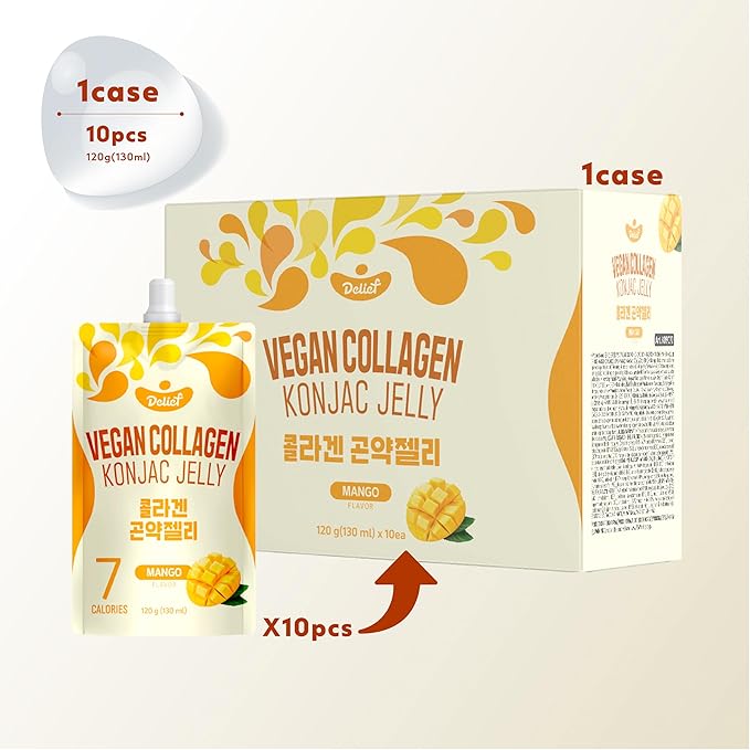 Vegan Collagen Konjac Jelly (Mango Flavor) 120g x 10 Packs – Low-Calorie Fruit Gel Snack, Gluten-Free, Plant-Based, 7 kcal per Pouch