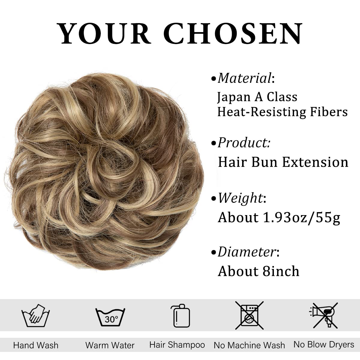 CJL HAIR Large Messy Bun Hair Piece Wavy Curly Scrunchies Synthetic Chignon Ponytail Hair Extensions Thick Updo Hairpieces for Women Brunette/Ash Blonde