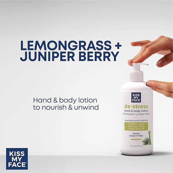 Kiss My Face De-Stress Hand & Body Lotion - Lemongrass + Juniper Berry - Soothing Rhodiola Rosea - With Hemp Seed Oil & Ashwagandha - Vegan & Cruelty-Free - 16 fl oz Bottle