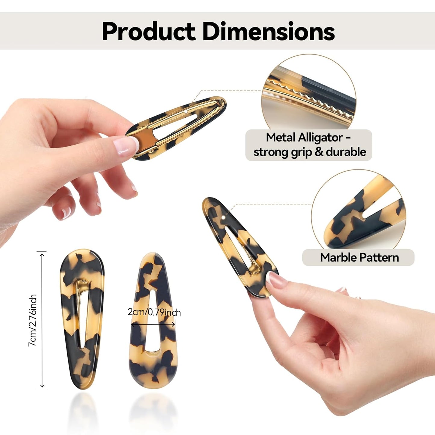 Hair Clips for Women, Duck Billed Alligator Clips Cellulose Acetate, No Crease Flat Hair Barrettes for Bangs Thick/Thin/Long/Curly Hair, Marble Tortoise Hair Styling Accessories (Black)