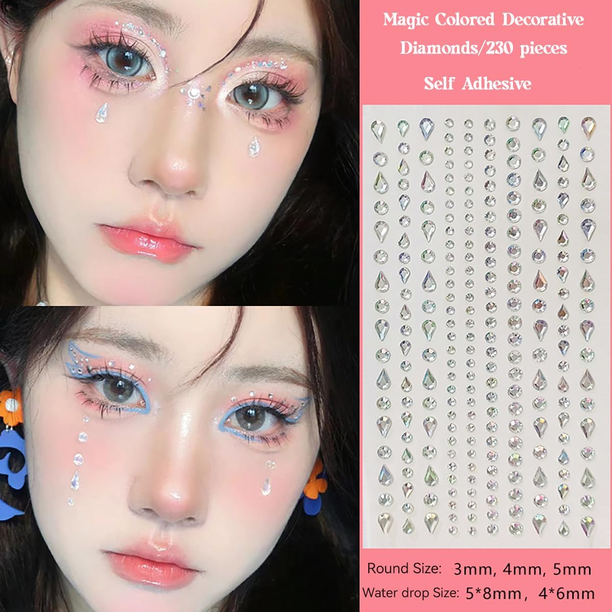 Face Gems Self-Adhesive Rhinestone Stickers, 5 Sheets - Teardrop Pearls for Face, Hair, Nails, Body Art | Makeup & Nail Decorations | Beauty Accessories for Women & Teens