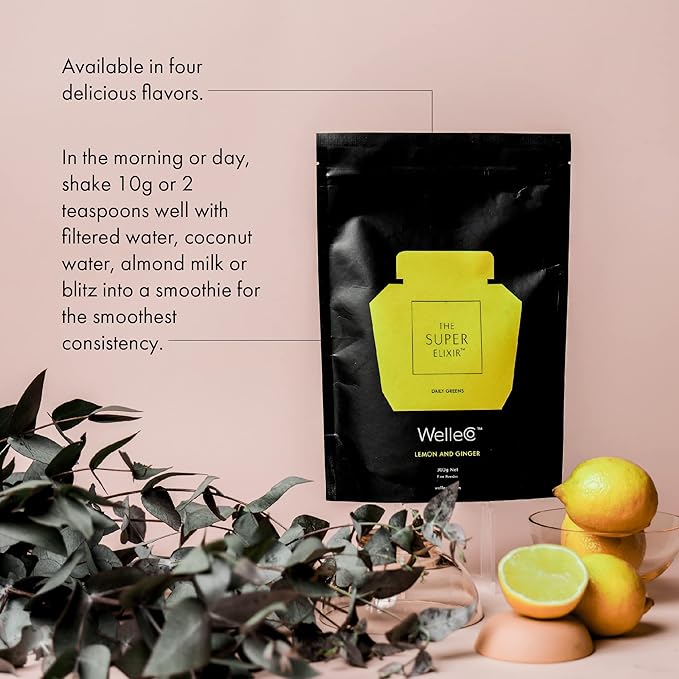 WelleCo The Super Elixir Daily Greens Powder, Probiotic Drink Mix with Whole Foods, Gluten Free, Vegan Gut Health Powder, Energy, Immunity, Healthy Skin, Hair & Nails (300g, Lemon Ginger)