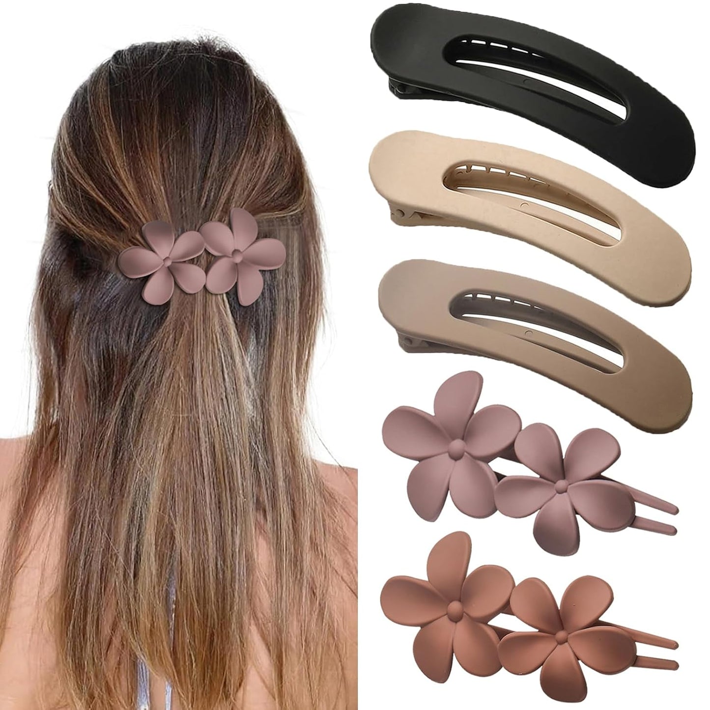 5 PCS Flat Hair Clips, Medium Lay Flat Claw Clips for Women Girls, 2 Styles Stylish Matte Non-slip Hair Claws for Thick Thin Hair(Pink&Purple)