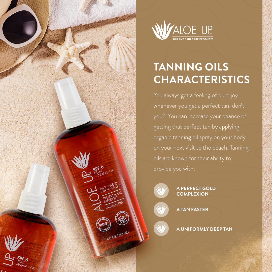Aloe Up Light Tanning Oil With SPF 6 Sunscreen - Body and Face Tanning for Outdoor Sun - With Pure Aloe Vera Oil and Natural Oils - Absorbs Quickly - Reef Friendly - Fresh Tropical Scent - 4 Oz