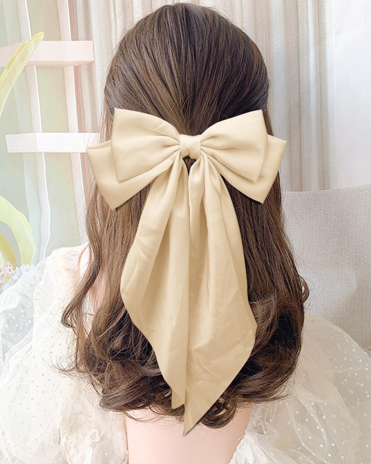 Hair Bows for Women Silky Satin Hair Bow with Long Tail 2PCS Khaki Hair Ribbons Bow Hair Clips Large Hair Bow with Metal Clips