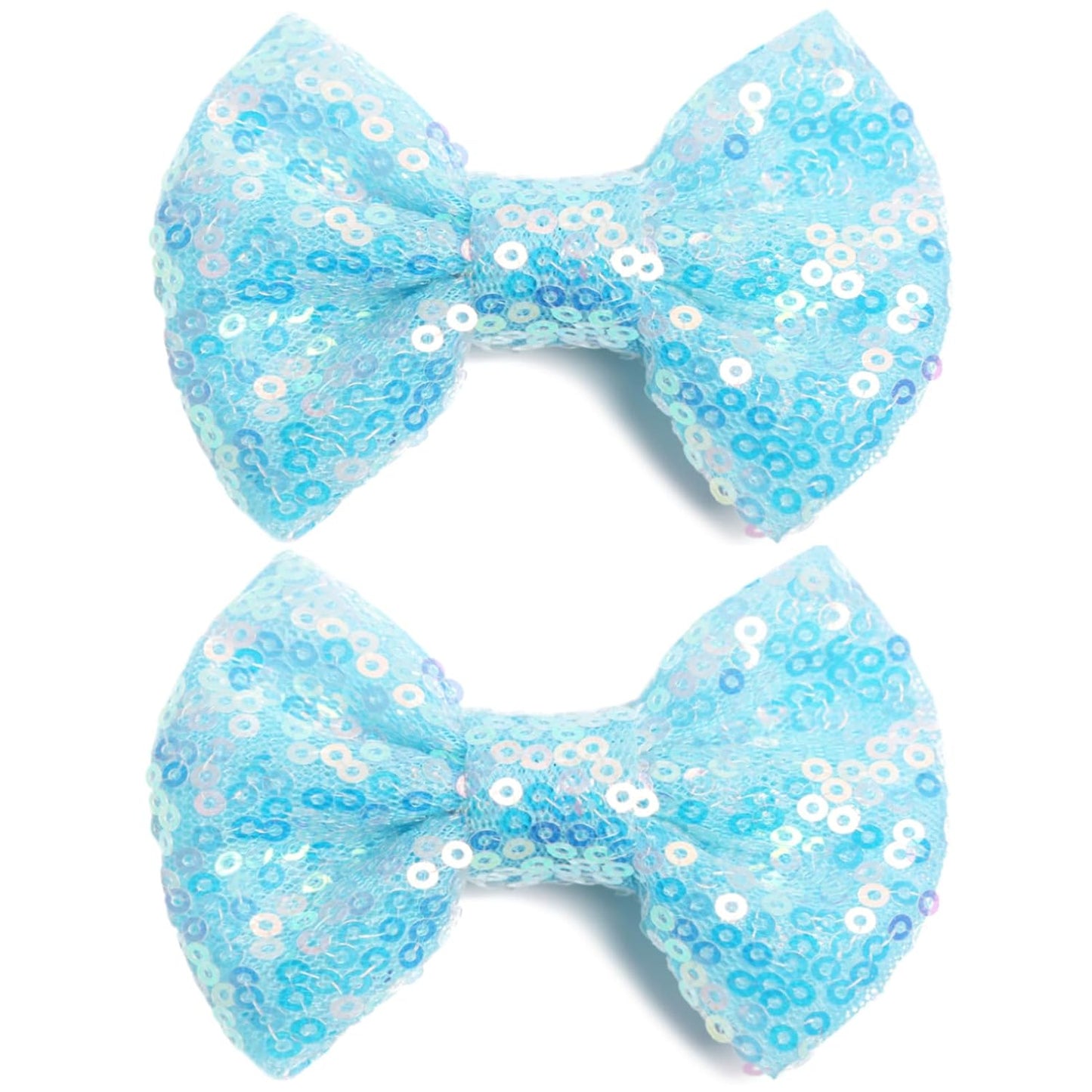 KISZU 3 Inch Glitter Hair Bows Clips, Sparkling Sequin Little Bow HairPins for Baby Girls Children Teens and Women (Light Blue)