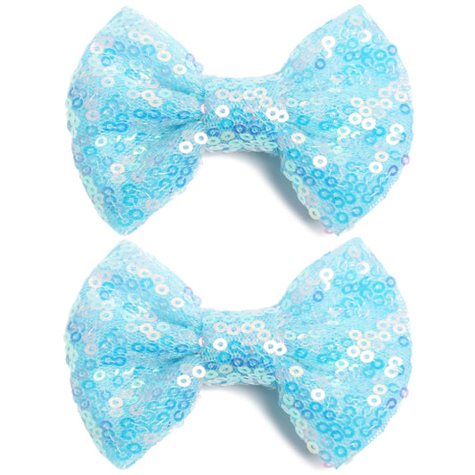 KISZU 3 Inch Glitter Hair Bows Clips, Sparkling Sequin Little Bow HairPins for Baby Girls Children Teens and Women (Light Blue)