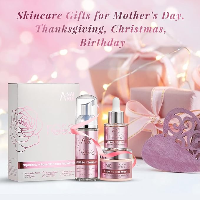 ANAiRUi Rose Skincare Gift Set, Mother's Day Gift for Women, Facial Skincare Kit for Women, Rose & Squalane Face wash and Moisturizer Set with Clay Mask, Face Cleanser and Facial Oil, Purify, Hydrate