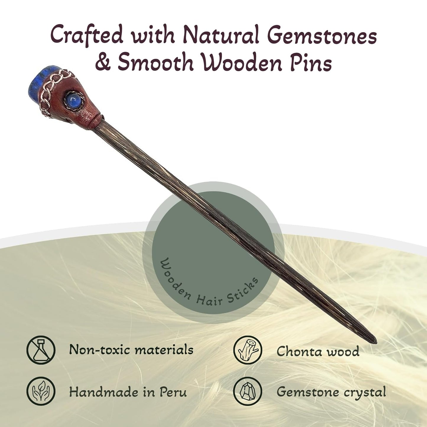 Mia Jewel Shop - Natural Tumbled Healing Gemstone Crystal Chonta Wooden Hair Sticks – Handmade Hair Sticks for Women | Hair Pins Boho Reiki Accessories, Fashion Gifts (Blue Lapis Lazuli)