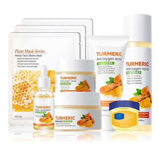 Turmeric Skin Care Set,Facial Kit with Facial Cleanser,Toner,Eye Cream,Face Serum,Honey Lip Balm,Face Cream,Lotion & 3PCS Honey Mask,Travel Skincare Kit for Women (9PCS)
