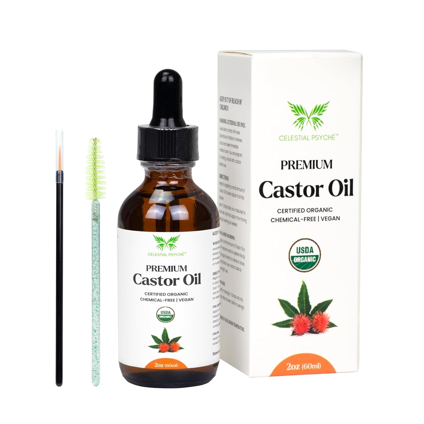 USDA Certified Organic Castor Oil (2 Oz with Essential Bundle - Eyebrow Kit) 100% Pure Natural, Chemical-Free, Hexane-Free, Promote Lash, Brow, and Hair Growth, Skin Hydration