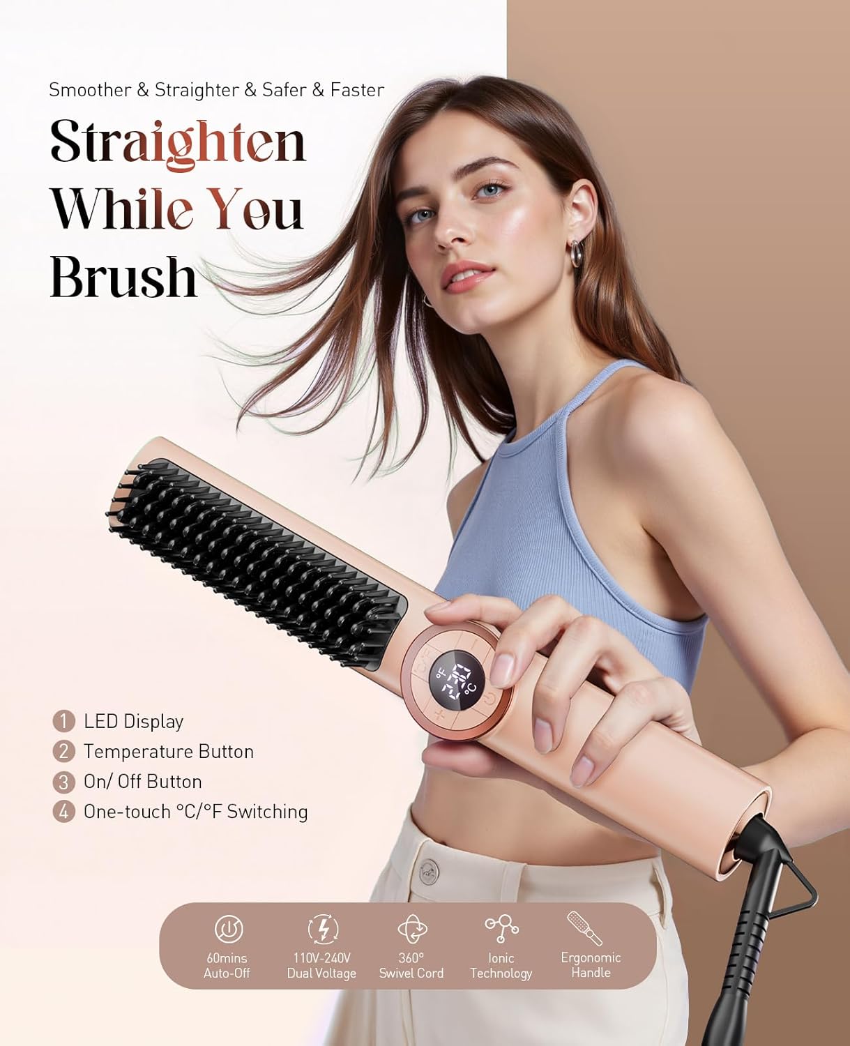 Hair Straightener Brush Portable: Ionic Curling & Straightening Brush with Fast Heating, Reduce Damage & Anti-Scald, Gold