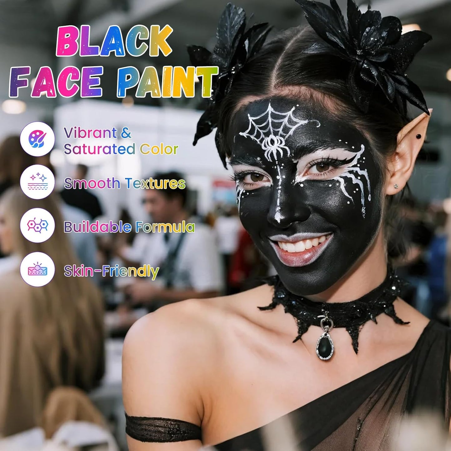 Black Face Paint, Water Based Facepaint, Non Toxic Black Body Paint, High Pigment Face Painting for Halloween, Easter, Costume, Cosplay, Clown Makeup 1.06 Oz.
