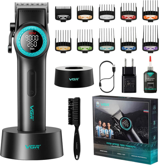VGR 001 Professional Hair Clippers for Men, Cordless Barber Clippers for Hair Cutting, Carbon Steel Blade Hair Trimmers for Barbers, 9000RPM, LED Display, Black