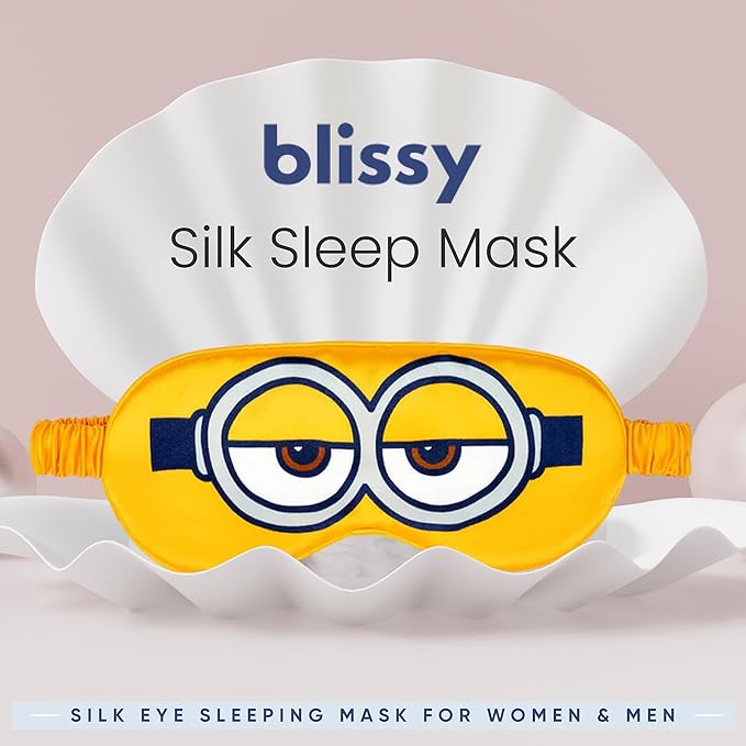 Blissy Silk Sleep Mask - Silk Eye Sleeping Mask for Women & Men for Total Blackout - 100% Pure Mulberry Silk, 22 Momme 6a Fibers - Blindfold Silk Sleep Mask Side Sleeper Eye Cover (Minion)