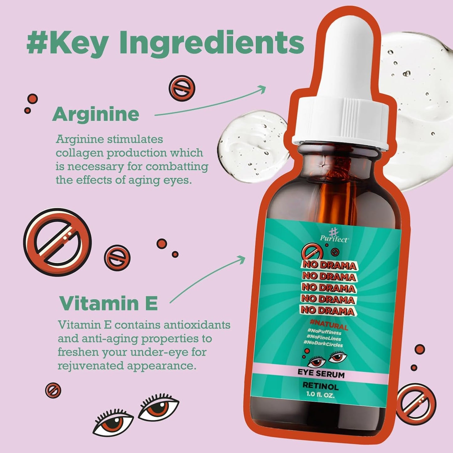 Purifect Natural Retinol Eye Serum – Dark Circles Under Eye Treatment for Puffiness & Fine Lines – Made in USA – Anti-Aging Serum with Vitamin E, Arginine, Collagen Support Oils – 1 fl oz