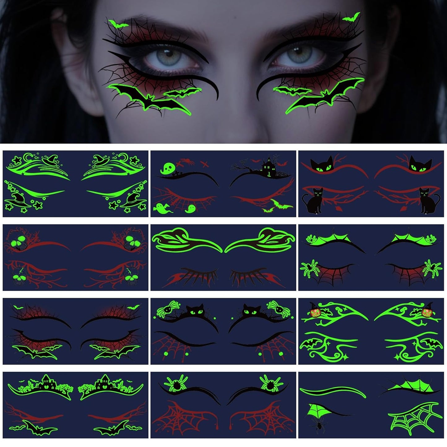 12 Sheets Halloween Luminous Temporary Tattoo, Upper & Lower Lash Designs Waterproof with Scary Motifs for Men & Women Cosplay Party & Festive Looks & Stage Face Makeup Decoration