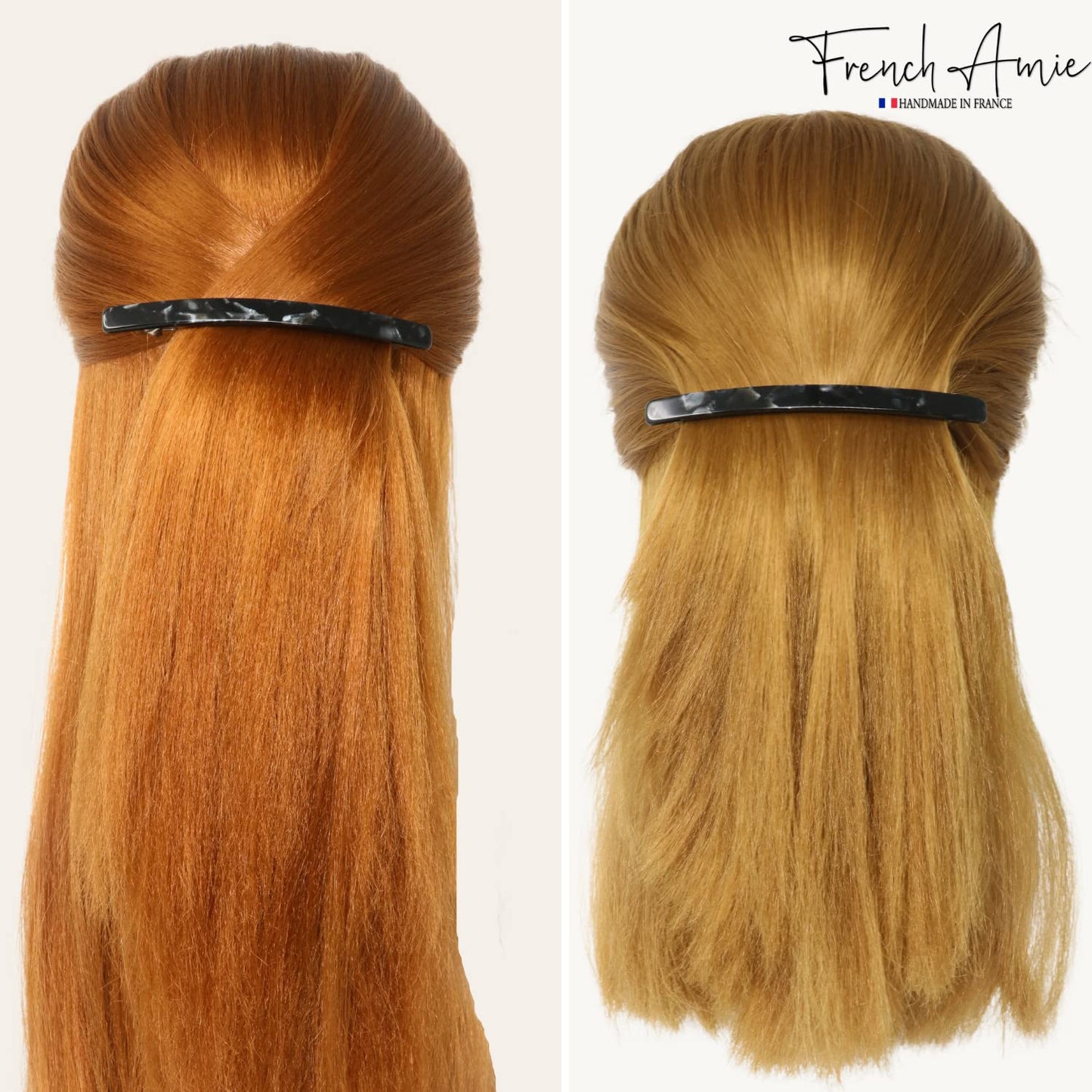 French Amie Long and Thin Large 4" Celluloid Handmade No Slip Durable Hair Barrette Clip for Women, Made in France (Black Nycra)