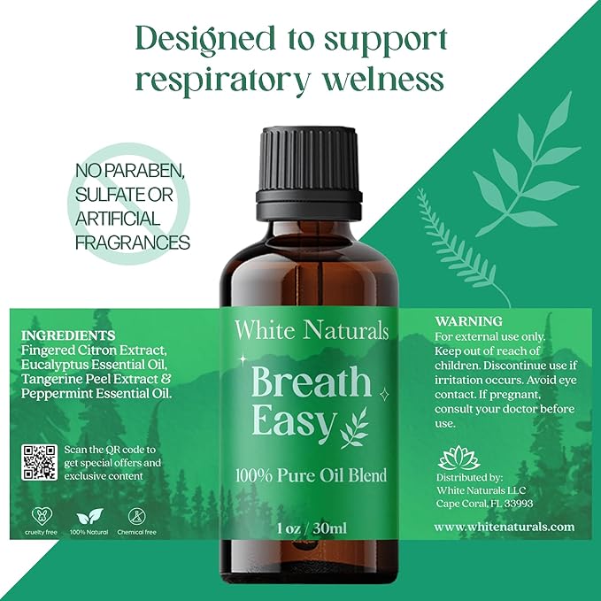 White Naturals Breathe Easy Essential Oil Blend – Refreshing Aromatherapy Oil for Clear Breathing & Comfort, 100% Pure & Natural Essential Oils for Freshness, 1oz