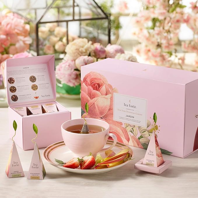Tea Forte Jardin 3-Piece Mother's Day Tea Gift Set with Rose Pink Cafe Cup with Lid, Tea Tray and 10 Assorted 2 of Each Variety Organic Handcrafted Pyramid Infuser Tea Bags