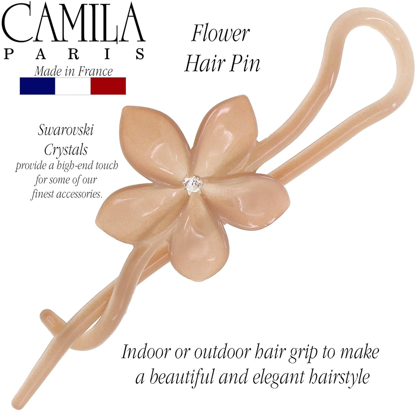 Camila Paris CP2411 French Hair Barrette Pin Clips for Girls, Flower, Beige, No Metal Parts, Strong Hold Grip Hair Clips for Women, No Slip and Durable Styling Girls Hair Accessories, Made in France