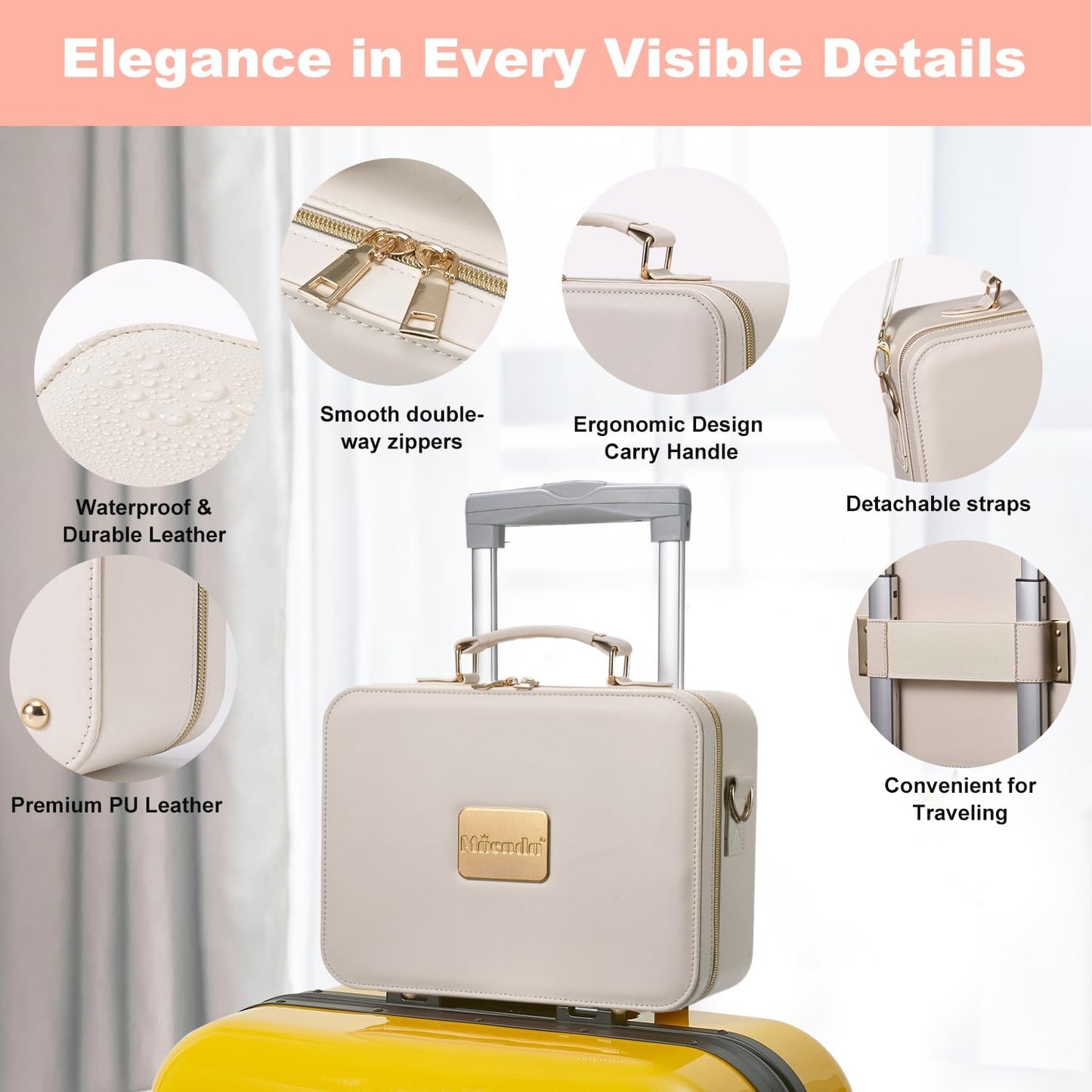 Mocado Travel Makeup Bag with LED Lighted Mirror,Makeup Case with 3 Color Lighted Setting and 10x Magnifying Mirror, Portable Storage and Adjustable Dividers (White with Hard Leather)