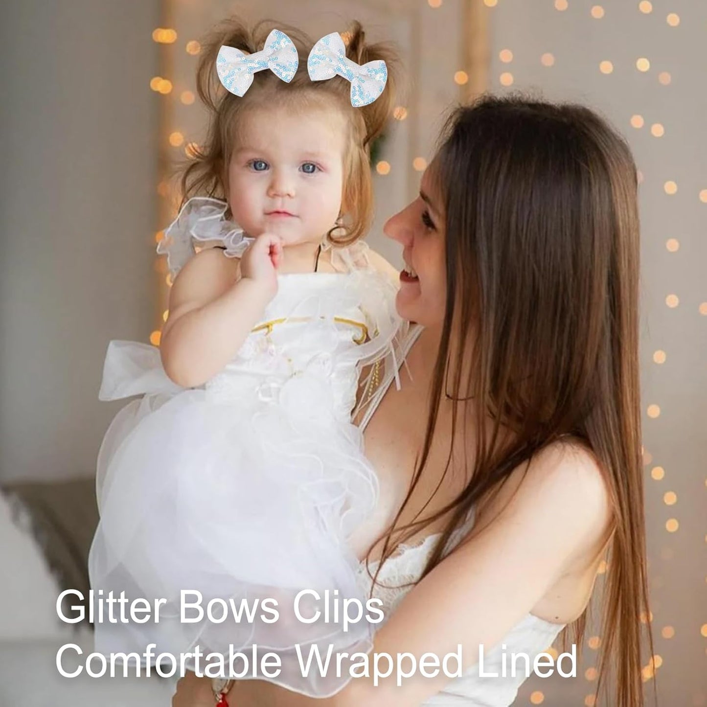 Sparkling 3 Inch Glitter Heart Hair Bows Clips Sequin Bow Alligator Clips Hair Accessories for Girls, Teens, Toddlers (White)