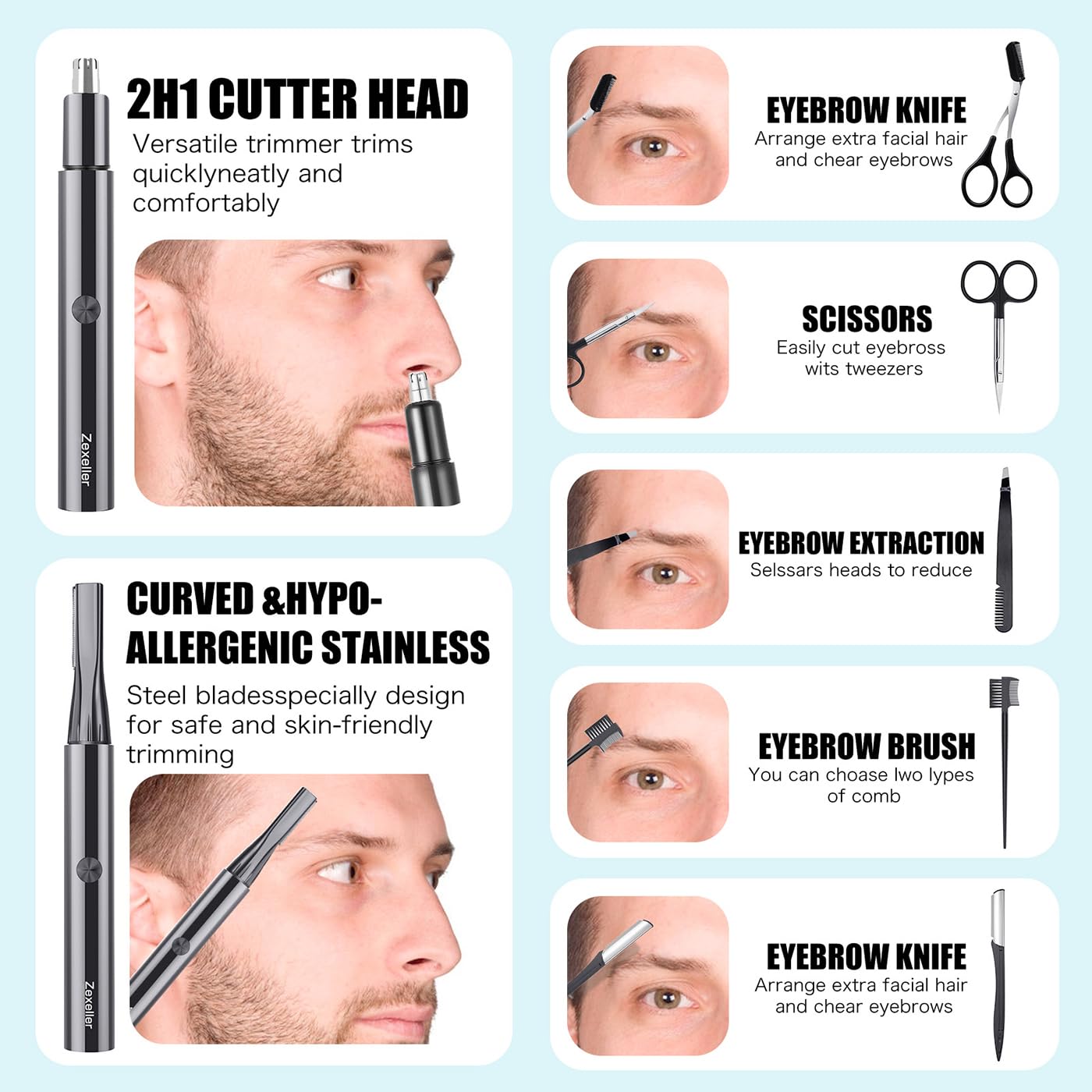 9-in-1 Precision Trimmer Kit: Eyebrow Trimmer,Electric Eyebrow Razor, Nose Trimmer, Grooming Scissors, Tweezers & Brush | All-in-One Grooming Tool
