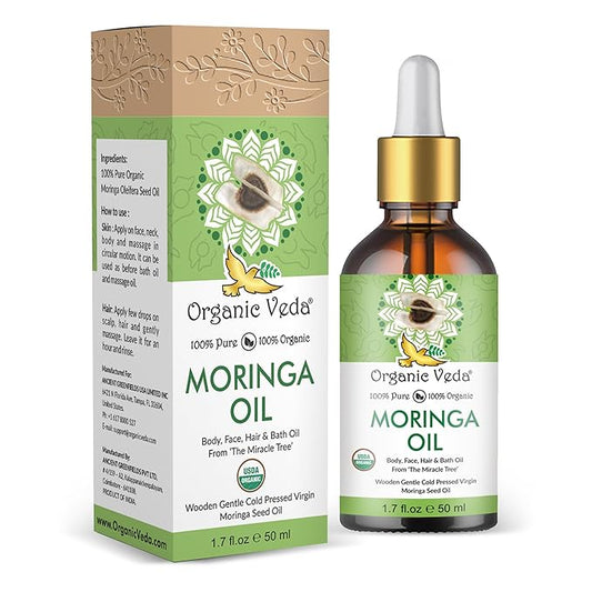 Organic Veda Moringa Oil Virgin 100% Pure & USDA Organic - Multi Purpose, Face, Hair & Skin, Nails, Fast Absorbing, Moisturizing & Beautifying - The Miracle Tree Moringa Oleifera Seed Oil, 1.7 fl.oz
