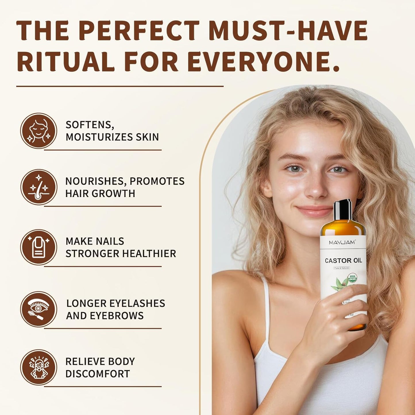 MAYJAM Organic Castor Oil 16 oz, 100% Pure Cold Pressed Castor Oils for Hair Growth, Eyebrows, Eyelash, USDA Certified Caster Carrier Oil for Body, Skin & Face Moisturizer