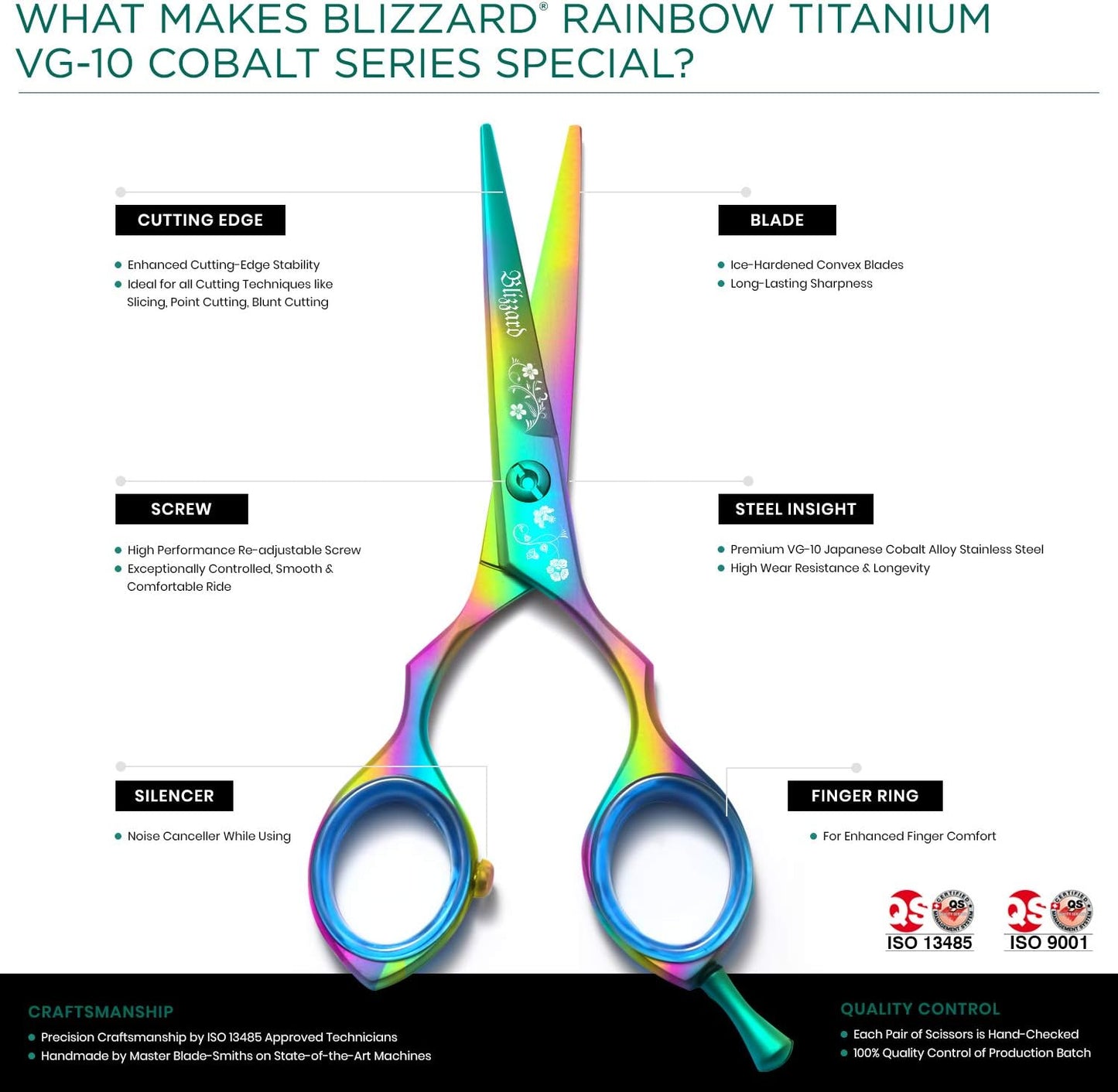 Blizzard Professional Hair Cutting Scissors – 5.5 inch VG10 Cobalt Haircut Shears with Razor Sharp Blades - Rainbow Finish Barber Hairdressing Travel Case for Salons & Home Use
