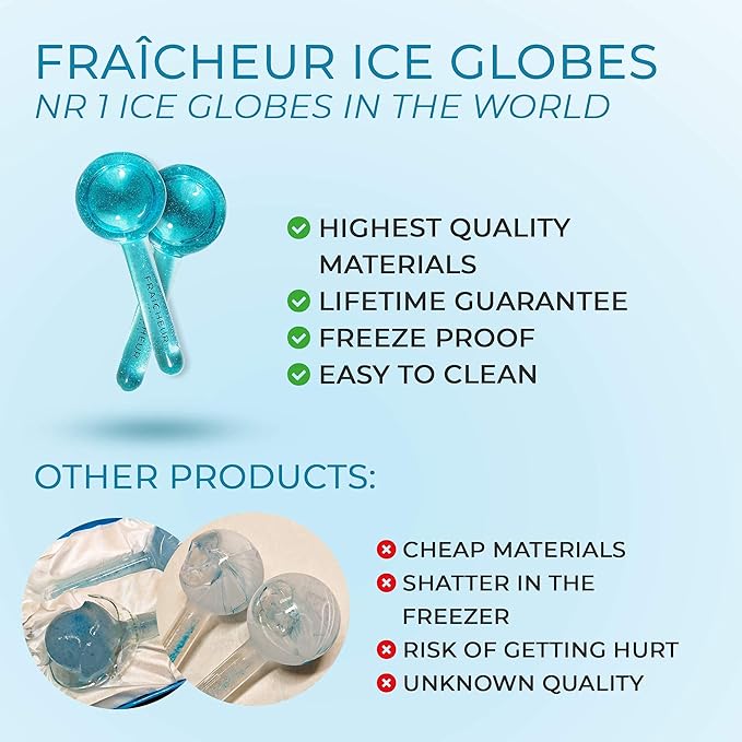 FRAÎCHEUR ICE GLOBES | Frozen Cryo Roller for Cold Facial Massage | Skincare Cooling Glass Massager with Anti-Freeze Liquid Inside | Reduce Puffiness, Pores and | Bonus Massage Techniques eBook (BLUE)
