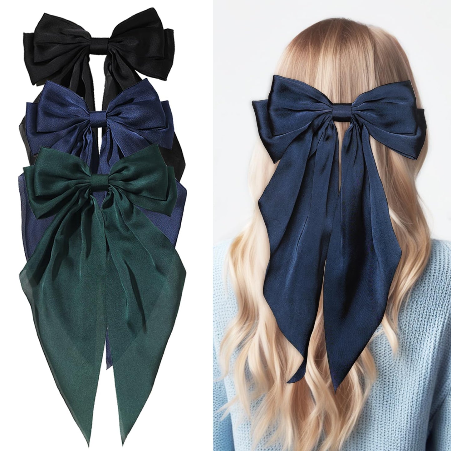Furling Pompoms Hair Bows for Women 3pcs Big Black Bow Hair Clips Navy Blue Ribbon Hair Bow Green Hair Bow Ponytail Accessories, Holiday Party Back to School