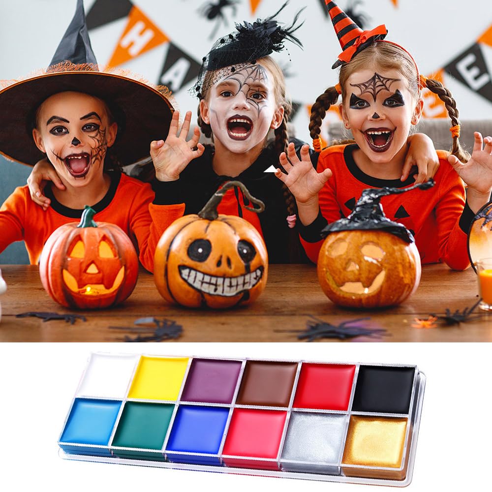 Face Paint Kit, Painting Palette with Brushes Body Paint Face Makeup Safe and Easy to Clean for Halloween Carnivals Cosplay Party Stage Performances (12 Colors + 10 Brushes)