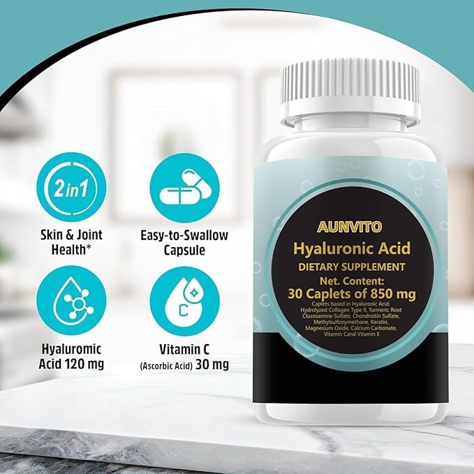 2025 New Hyaluronic Acid 30 Caplets Supplements, 850mg Hyaluronic Acid - Advanced Joint Support with Hydrolyzed Collagen, Turmeric, Glu-cosamine, MSM, Vitamin C – 30 Caplets(2 Pack)