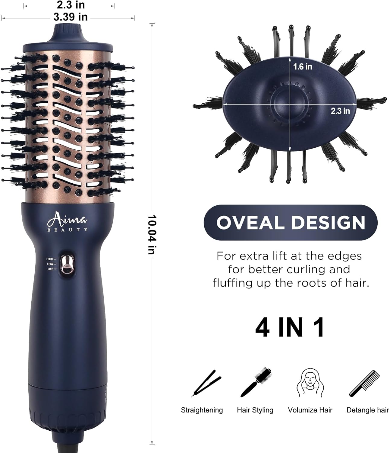 Aima Beauty Worldwide Travel Hair Dryer Brush 110-240V Dual Voltage Blow Dryer Brush Hot Air Brush Oval Barrel 360° Hot Airflow, Negative Ionic Frizz-Free Dry/Straightening/Voluming,Prussian Blue