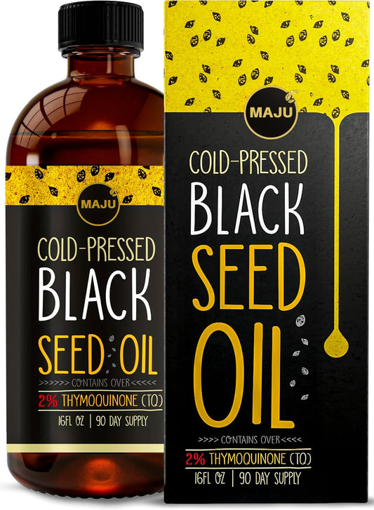 MAJU's Black Seed Oil 16oz: 3X Thymoquinone, Cold Pressed, 100% Turkish Black Cumin Nigella Sativa Seed Oil (Better Than Organic), Non-GMO, 100% Liquid Pure Blackseed, Glass Bottle