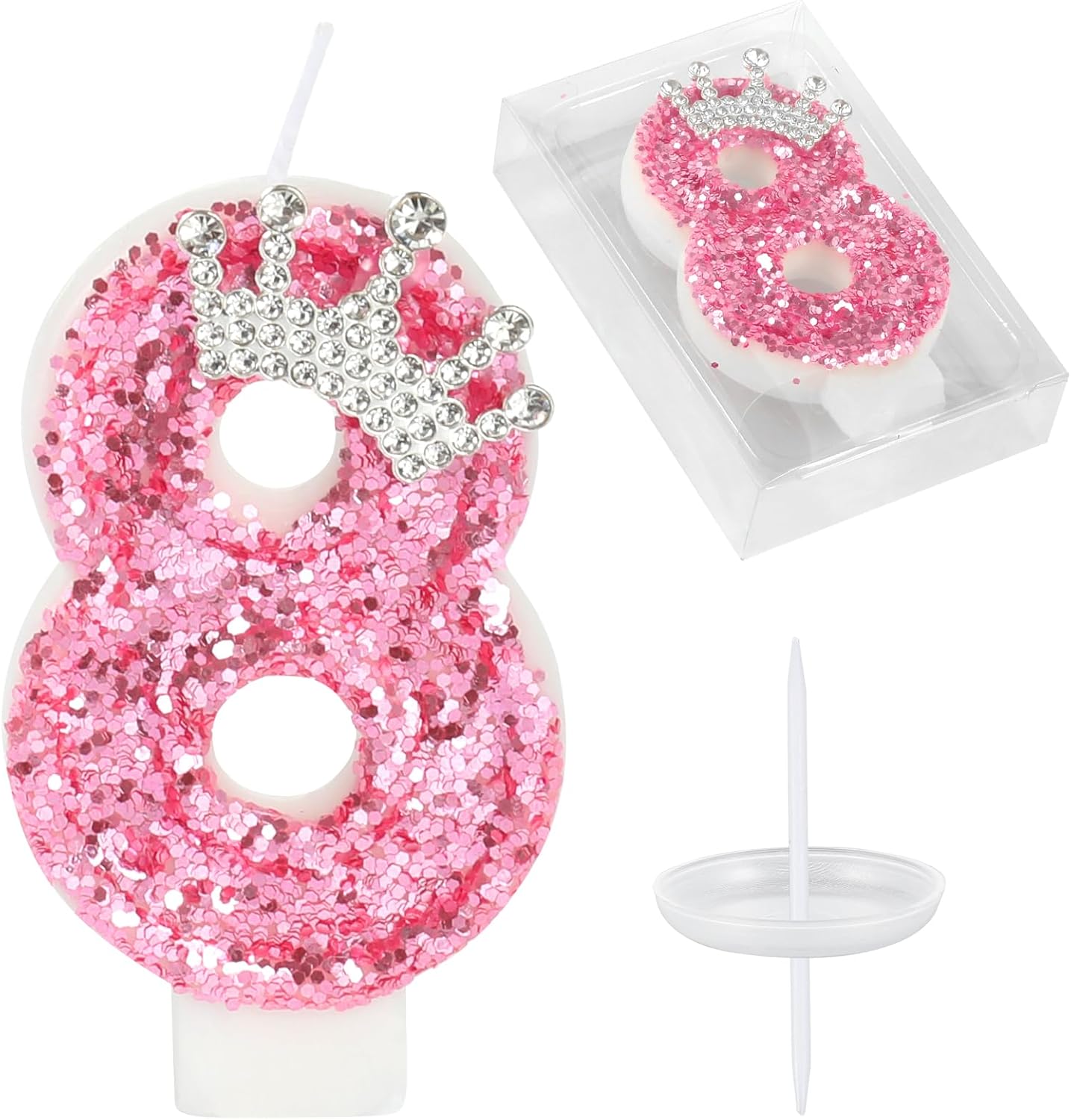 Birthday Number Candles,Pink Crown Birthday Candles for Cake,Glitter Number 8 Candle Cake Topper with Sequins for Girls,Women, Anniversary Celebrations Supplies (Pink 8)