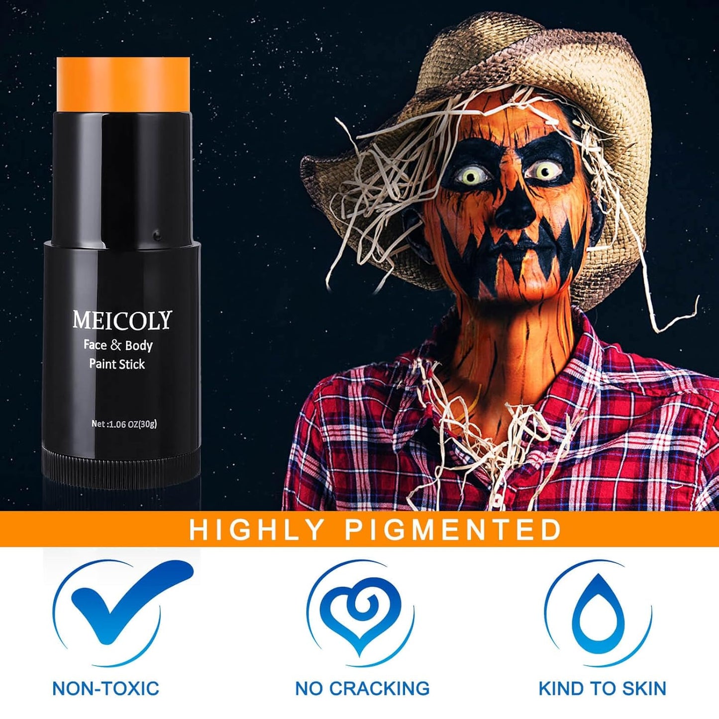MEICOLY Orange Face Body Paint Stick(1.06 Oz),Cream Face Paint for Halloween Pumpkin Tiger Special Effects SFX Makeup,Orange Eye Black Baseball/Softball,Sweatproof & Waterproof