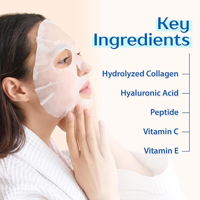 Ebanel 20 Pack Collagen Peptide Hydrating Face Masks, Instant Brightening Firming Anti Aging Face Sheet Masks, Moisturizing Spa Facial Mask Skincare with Hyaluronic Acid, Vitamin C, Chamomile, Aloe